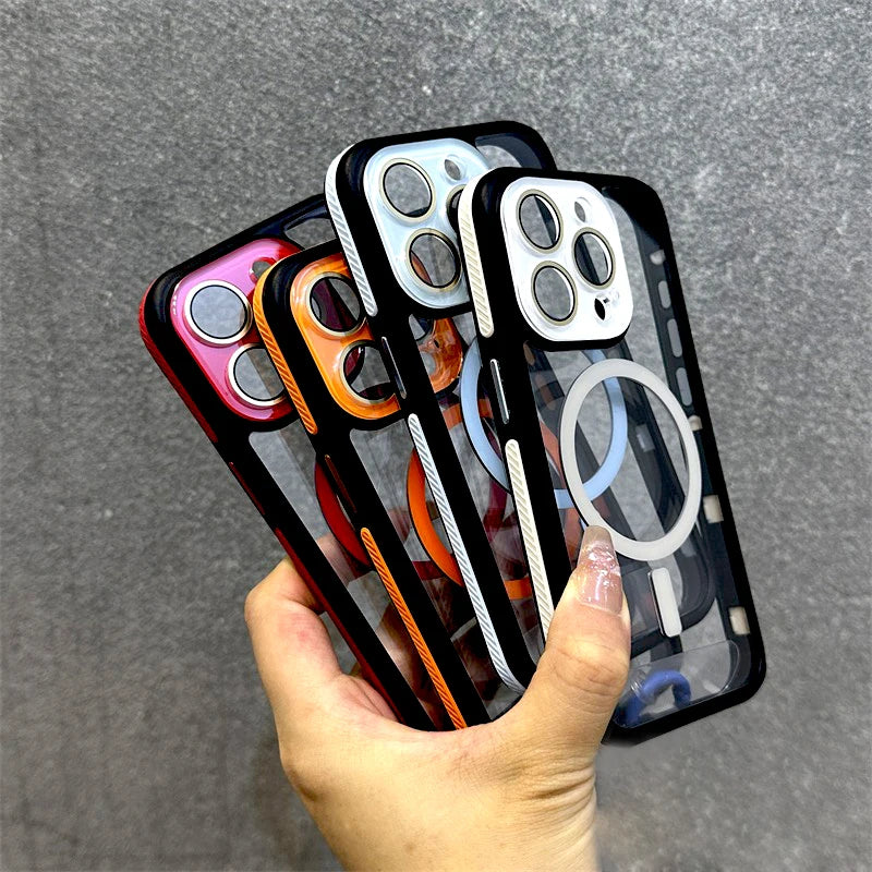 جراب شفاف فاخر صلب لهاتف iPhone 16 15 14 13 12 11 Pro Max 16Pro 15Pro 14Pro غطاء عدسة الكاميرا Magsafe للشحن اللاسلكي