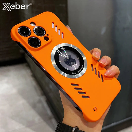 جراب مغناطيسي فائق النحافة بدون إطار مع تبديد الحرارة لهاتف iPhone 16 15 Pro Max 13 11 12 14 Plus مع غطاء Magsafe الصلب القابل للتنفس