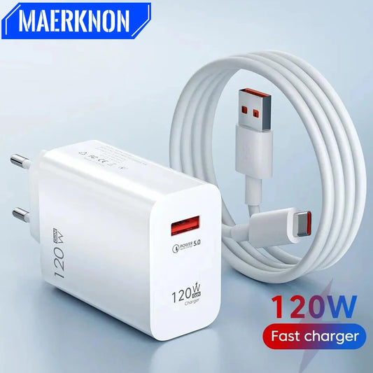 شاحن USB 120 وات GaN شحن سريع محول شاحن هاتف بمقبس الاتحاد الأوروبي/الولايات المتحدة 10 أمبير كابل من النوع C لهاتف iPhone وXiaomi وSamsung شاحن حائط USB