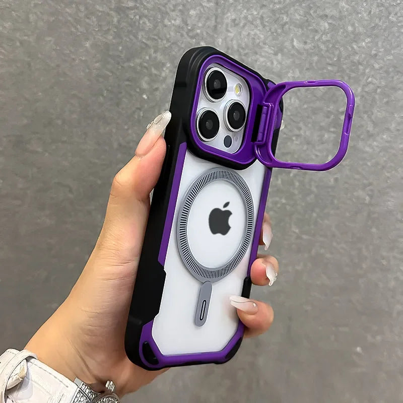 جراب Magsafe القابل للطي مع حامل عدسة لحماية iPhone 16 12 13 11 14 15 Pro Max Plus مع غطاء مغناطيسي مقاوم للصدمات