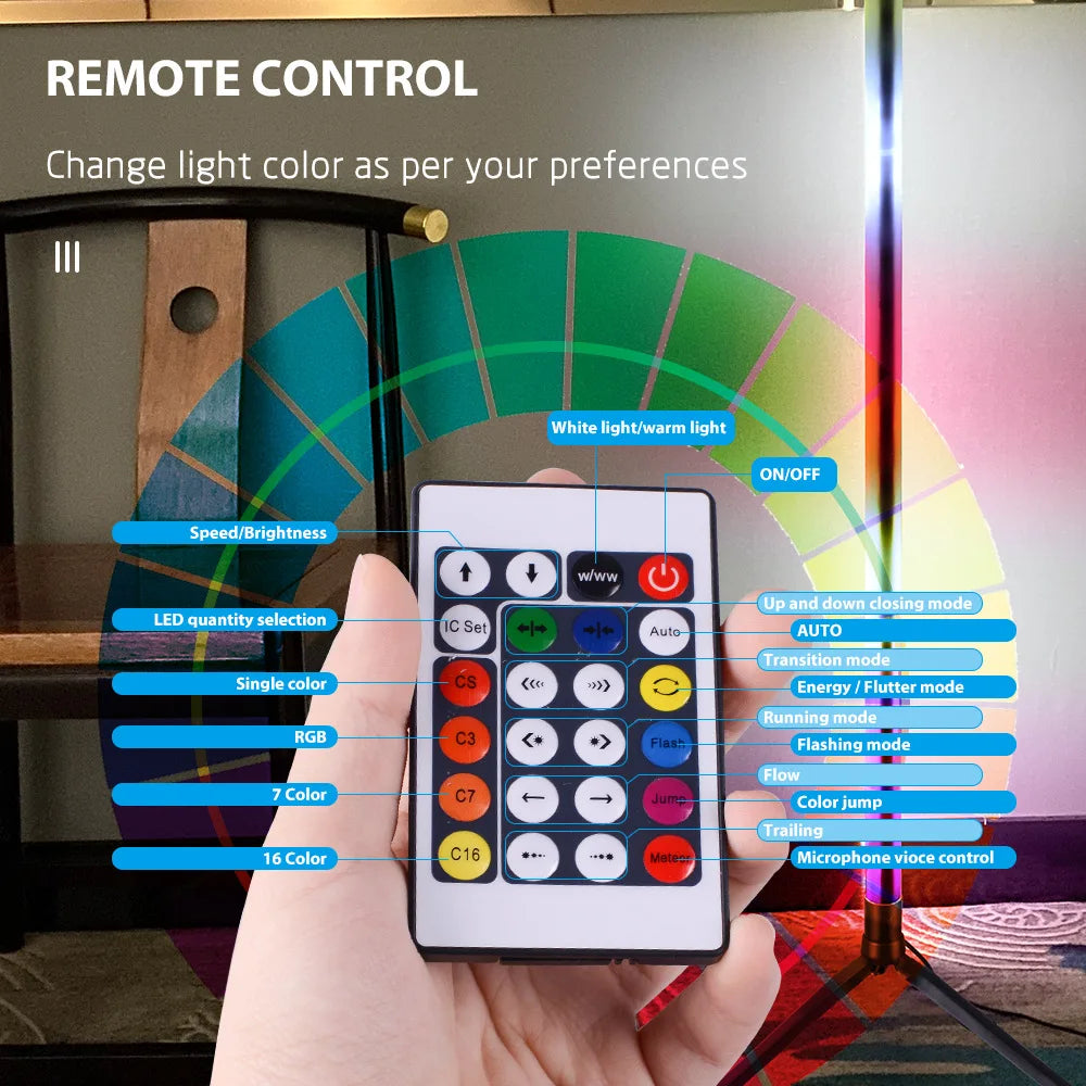 مصباح أرضي LED RGB مع تحكم عن بعد بالموسيقى ومزامنة الموسيقى وإضاءة زاوية مزاجية، مصابيح قائمة ذكية حديثة لغرفة النوم وغرفة المعيشة