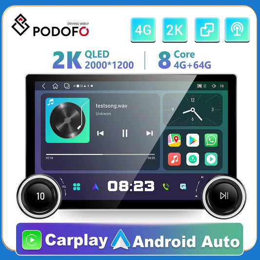 مشغل الوسائط المتعددة للسيارة Podofo 8-core 8+128G Android 2K Touch Screen GPS Navigation مع CarPlay لاسلكي/مشغل عالمي تلقائي 