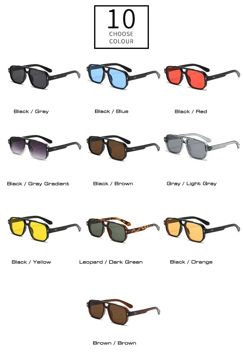 JNPCXI Vintage Double Bridges Men Square Sunglasses Fashion Green Ocean Lens UV400 Eyewear Women Trending Rivets Sun Glasses
