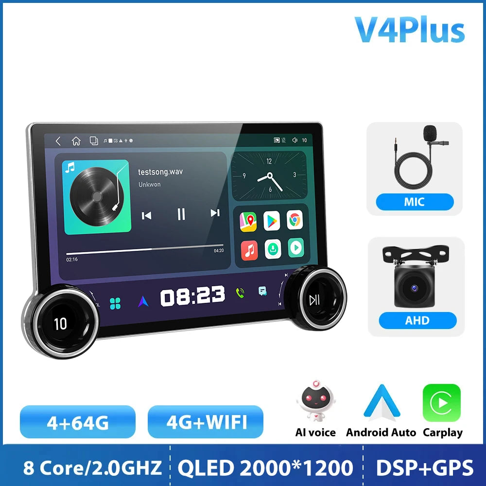 مشغل الوسائط المتعددة للسيارة Podofo 8-core 8+128G Android 2K Touch Screen GPS Navigation مع CarPlay لاسلكي/مشغل عالمي تلقائي 