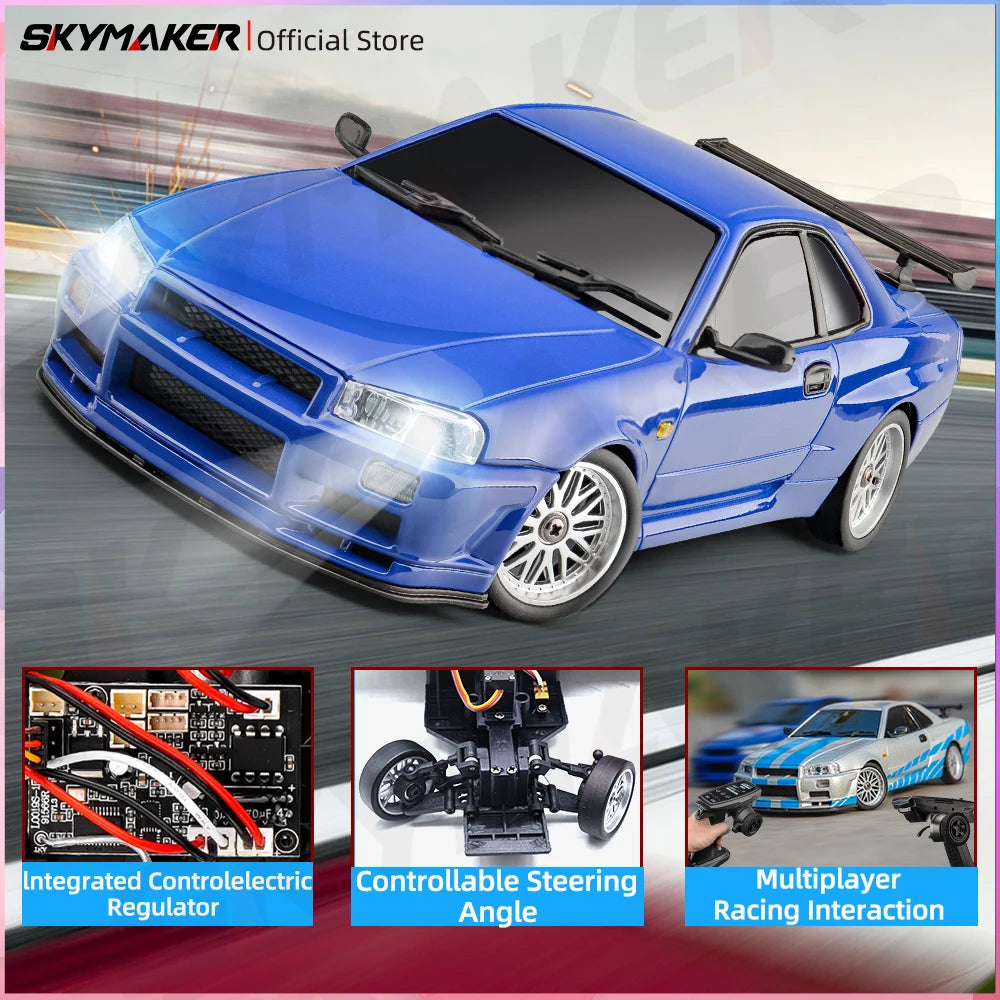سيارة سباق Skymaker LD1899 1/18 RC Drifting Car GTR R34 2.4GHz RWD مع جيروسكوب على الطريق وهيكل من سبائك معدنية وسيارة سباق تعمل بالتحكم عن بعد هدايا 