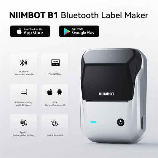 طابعة حرارية محمولة NIIMBOT B1 مزودة بأشرطة لاصقة مقاس 2 بوصة وطابعة ملصقات صغيرة بتقنية البلوتوث تدعم الهواتف الذكية وأجهزة الكمبيوتر الشخصية