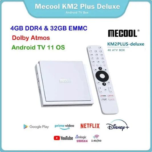 أحدث جهاز Mecool KM2 Plus Deluxe لعام 2025، ذاكرة وصول عشوائي DDR4 سعة 4 جيجابايت وذاكرة تخزين داخلية 32 جيجابايت، يعمل بنظام Android 11، معتمد من Google، Netflix بدقة 4K ATV BOX، WiFi 6، صوت Dolby Atmos TV BOX