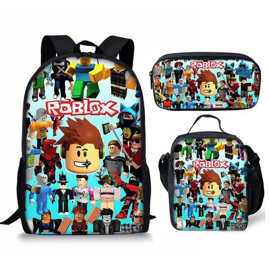 مجموعة من ثلاث قطع من حقيبة مدرسية ثلاثية الأبعاد مطبوعة من لعبة Roblox تحيط بطلاب المدارس الابتدائية والثانوية وحقيبة ظهر وحقيبة قلم 