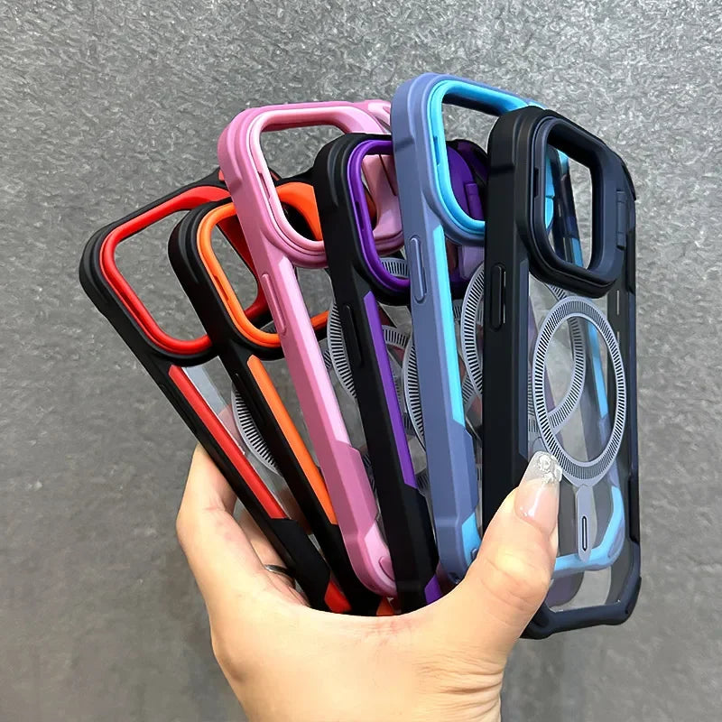جراب Magsafe القابل للطي مع حامل عدسة لحماية iPhone 16 12 13 11 14 15 Pro Max Plus مع غطاء مغناطيسي مقاوم للصدمات