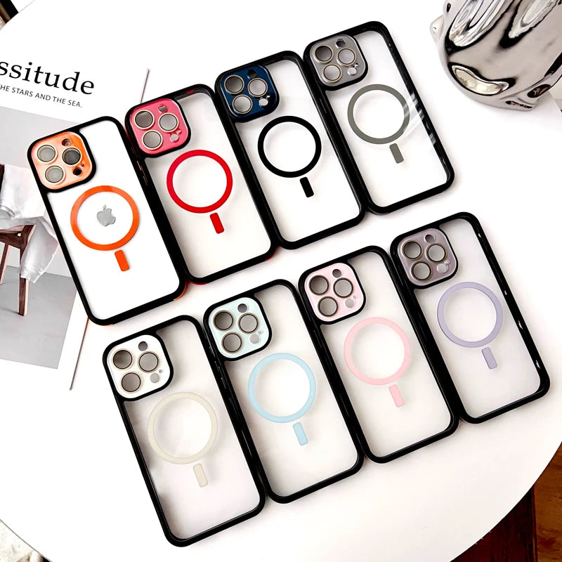 جراب شفاف فاخر صلب لهاتف iPhone 16 15 14 13 12 11 Pro Max 16Pro 15Pro 14Pro غطاء عدسة الكاميرا Magsafe للشحن اللاسلكي