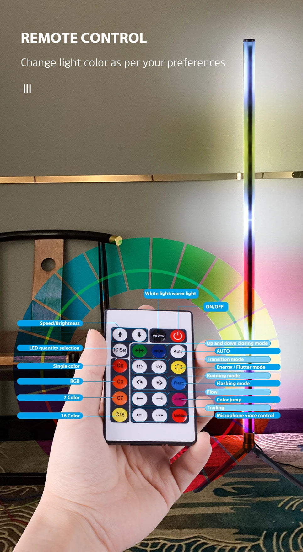 مصباح أرضي LED RGB مع تحكم عن بعد بالموسيقى ومزامنة الموسيقى وإضاءة زاوية مزاجية، مصابيح قائمة ذكية حديثة لغرفة النوم وغرفة المعيشة
