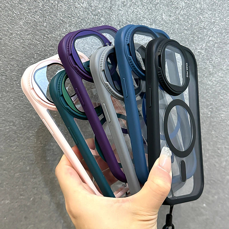 جراب مغناطيسي شفاف مع حامل عدسات زجاجي قابل للطي لهاتف iPhone 16 15 14 13 12 11 Pro Max مع حزام معصم Magsafe وغطاء مقاوم للصدمات