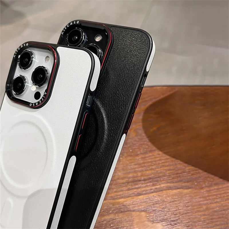 جراب هاتف مغناطيسي فاخر من الجلد غير اللامع لهاتف iPhone 16 15 Pro Max 14 13 12 مع شحن لاسلكي وغطاء مقاوم للصدمات