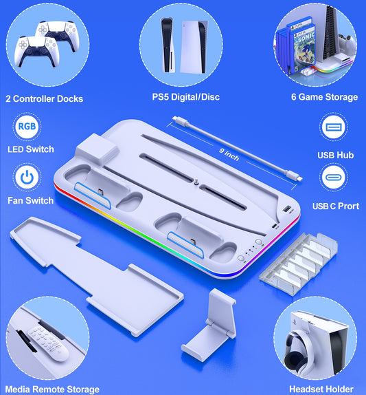 قاعدة شحن مزدوجة لوحدة التحكم RGB لجهاز Sony Playstation 5 مع إضاءة LED رقمية باردة لمحطة تبريد PS5 العمودية