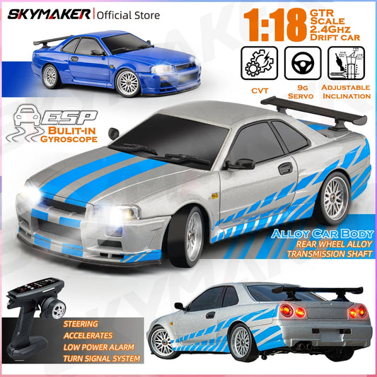 سيارة سباق Skymaker LD1899 1/18 RC Drifting Car GTR R34 2.4GHz RWD مع جيروسكوب على الطريق وهيكل من سبائك معدنية وسيارة سباق تعمل بالتحكم عن بعد هدايا 