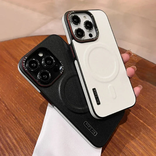 جراب هاتف مغناطيسي فاخر من الجلد غير اللامع لهاتف iPhone 16 15 Pro Max 14 13 12 مع شحن لاسلكي وغطاء مقاوم للصدمات