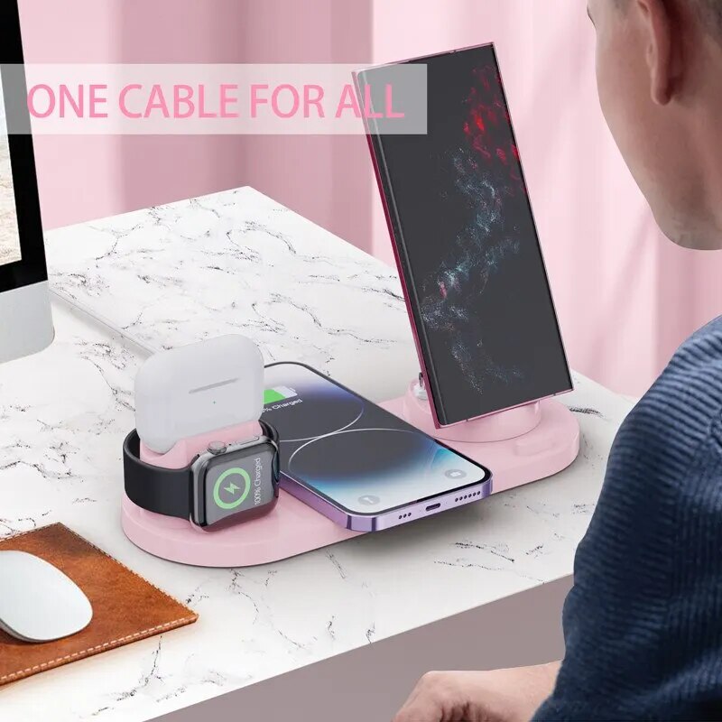 حامل شاحن لاسلكي 7 في 1 بقوة 30 وات لهاتف iPhone 14 13 12 Pro Max وApple Watch وAirpods ومحطة شحن سريعة 
