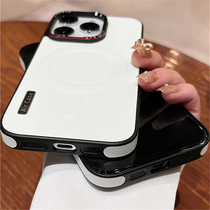 جراب هاتف مغناطيسي فاخر من الجلد غير اللامع لهاتف iPhone 16 15 Pro Max 14 13 12 مع شحن لاسلكي وغطاء مقاوم للصدمات