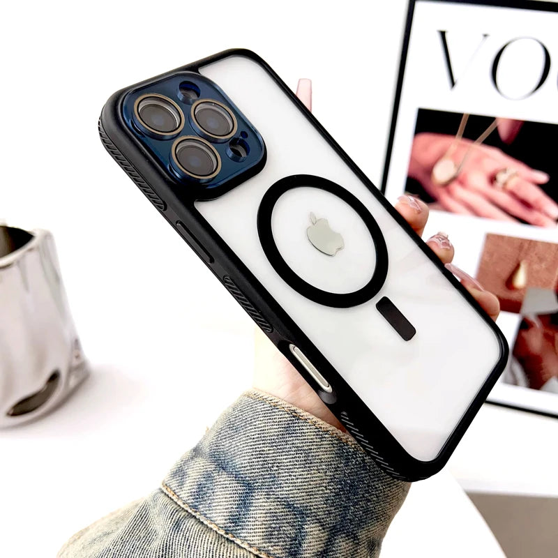 جراب شفاف فاخر صلب لهاتف iPhone 16 15 14 13 12 11 Pro Max 16Pro 15Pro 14Pro غطاء عدسة الكاميرا Magsafe للشحن اللاسلكي