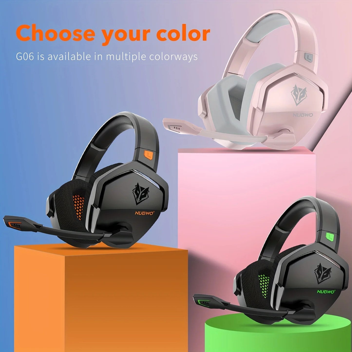 سماعة ألعاب NUBWO G06 لـ PS5 و PS4 و XBOX و PC و Mac، سماعات رأس بلوتوث بتردد 2.4 جيجا هرتز مع ميكروفون وخاصية إلغاء الضوضاء منخفضة الكمون للغاية 