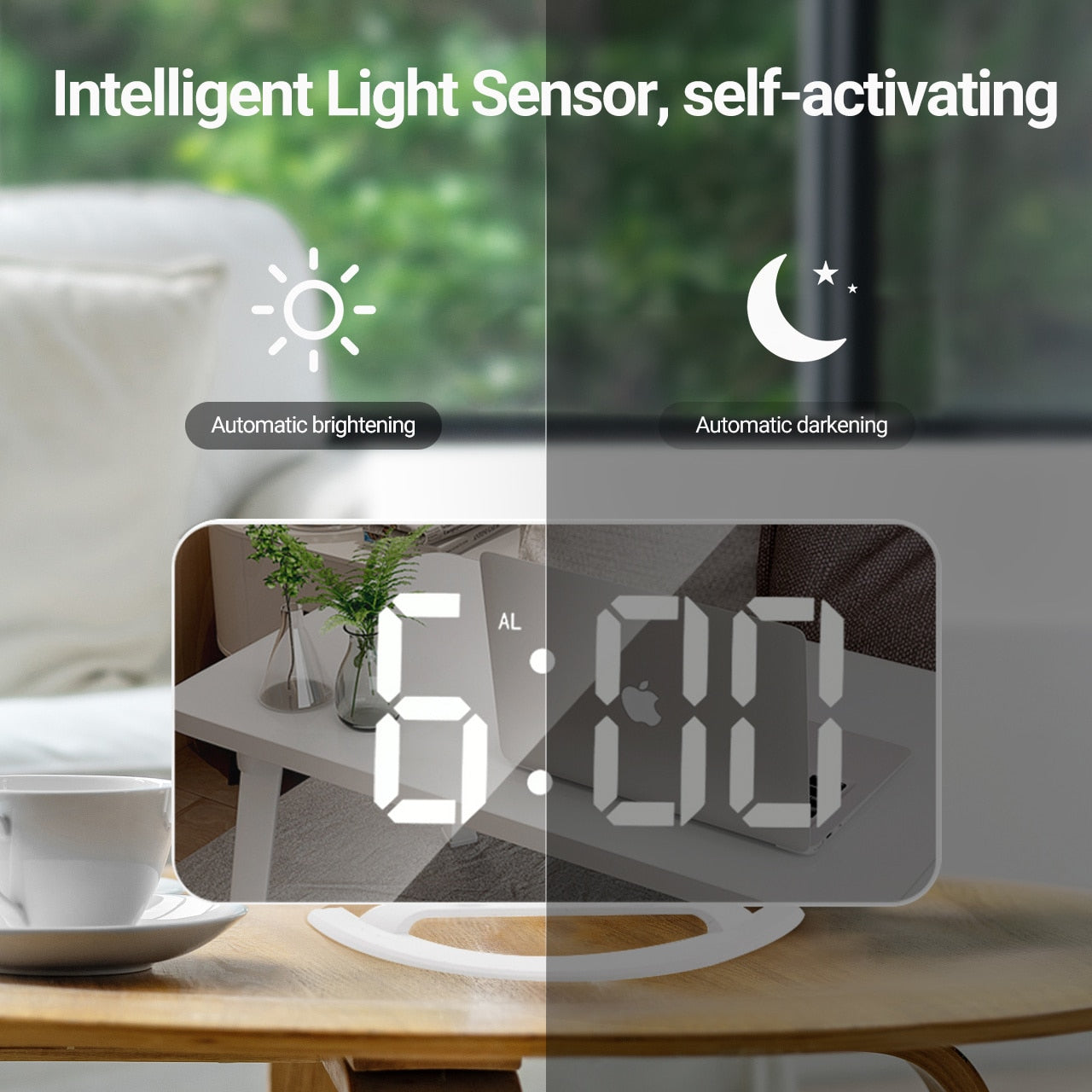ساعة منبه رقمية جديدة مقاس 7 بوصات كبيرة مزودة بمرآة LED إلكترونية مع خاصية الغفوة باللمس وشحن USB مزدوج وساعات حائط حديثة للمكتب