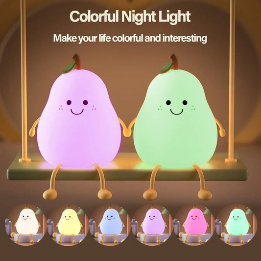 مصباح ليلي على شكل كمثرى لطيف من LED قابل للتعتيم، مصابيح كمثرى فائقة النعومة من السيليكون قابلة لإعادة الشحن عبر USB، مع تحكم باللمس و7 ألوان، مصباح ليلي