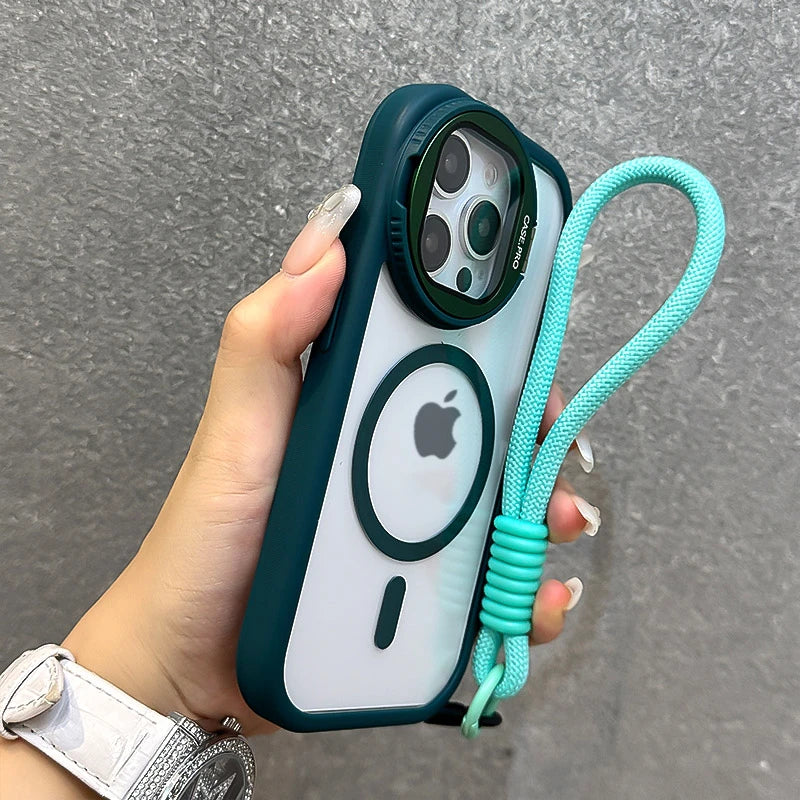 جراب مغناطيسي شفاف مع حامل عدسات زجاجي قابل للطي لهاتف iPhone 16 15 14 13 12 11 Pro Max مع حزام معصم Magsafe وغطاء مقاوم للصدمات