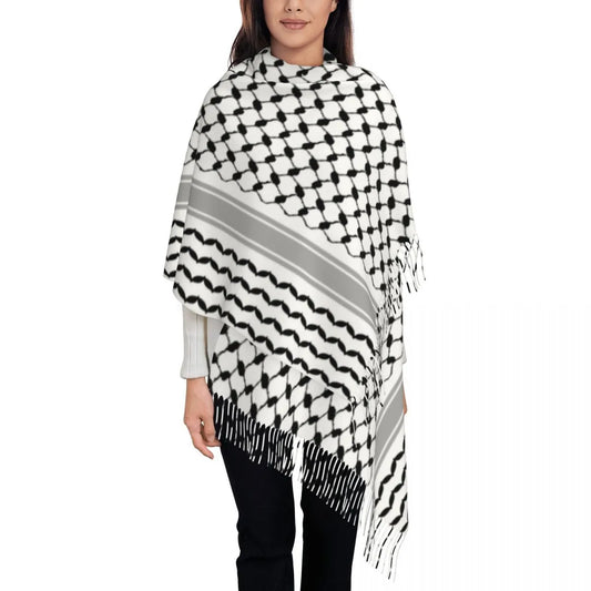 وشاح شعبي فلسطيني من كوفية الحطة للنساء، طويل للشتاء والخريف، شال دافئ من الشراشيب للجنسين، أوشحة كوفية فلسطينية 