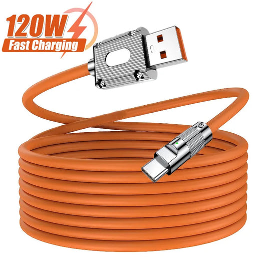 كابل شحن سريع من النوع C بقدرة 6 وات 120 وات من USB إلى النوع C سلك نقل بيانات عالي السرعة من سبائك الزنك كابل شحن من السيليكون السائل 