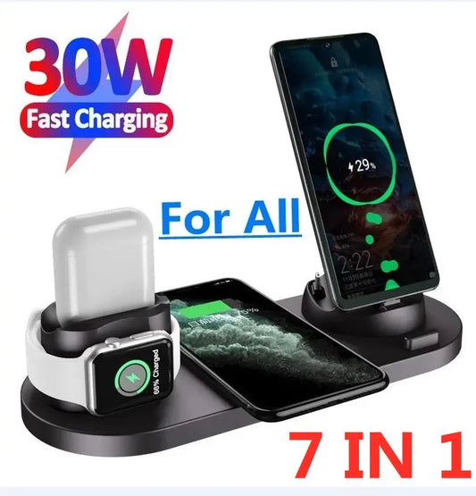 حامل شاحن لاسلكي 7 في 1 بقوة 30 وات لهاتف iPhone 14 13 12 Pro Max وApple Watch وAirpods ومحطة شحن سريعة 