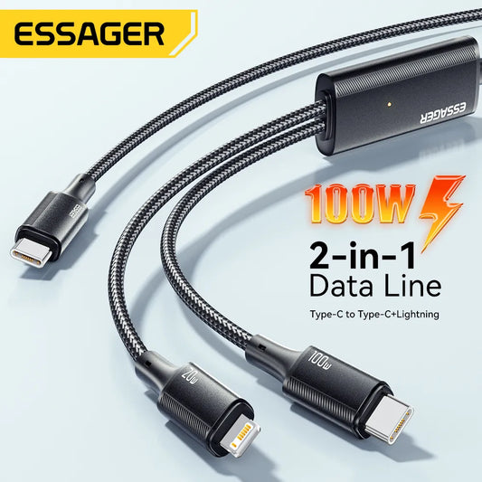 كابل Essager 100 وات USB C إلى Type C إلى Lightning PD شاحن سريع للبيانات 2 في 1 سلك شحن سريع لأجهزة Macbook iPhone Samsung Xiaomi 