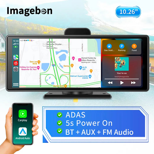 كاميرا سيارة Imagebon 10.26 بوصة لاسلكية مع CarPlay وAndroid Auto وADAS 4K DVR وبلوتوث وAUX ونظام تحديد المواقع العالمي (GPS) ومسجل فيديو على لوحة القيادة 