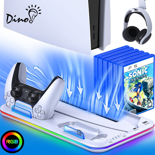 قاعدة شحن مزدوجة لوحدة التحكم RGB لجهاز Sony Playstation 5 مع إضاءة LED رقمية باردة لمحطة تبريد PS5 العمودية
